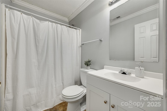 bathroom with a textured ceiling, crown molding, vanity, and toilet