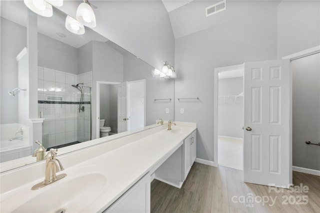 bathroom featuring toilet, vanity, lofted ceiling, hardwood / wood-style floors, and a shower with shower door