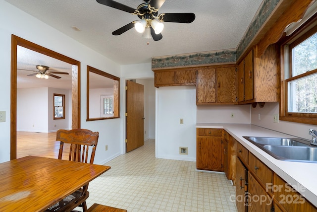 kitchen featuring ceiling fan, sink, and a textured ceiling