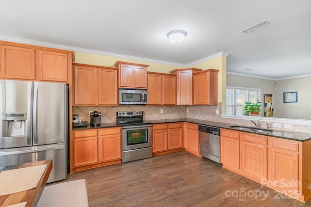 kitchen with dark wood finished floors, stainless steel appliances, backsplash, a sink, and dark stone counters