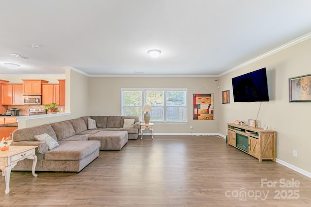 living room with light wood finished floors, baseboards, and ornamental molding