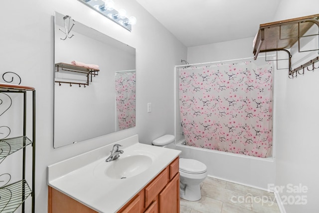 full bath with toilet, tile patterned flooring, shower / bath combo with shower curtain, and vanity