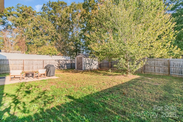 view of yard with a storage shed, a patio, an outbuilding, and a fenced backyard