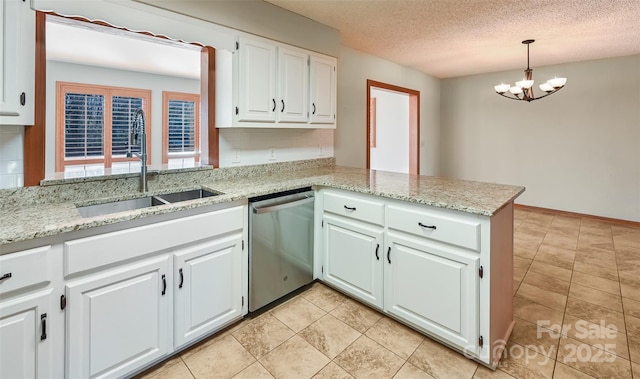 kitchen featuring sink, hanging light fixtures, kitchen peninsula, dishwasher, and white cabinets