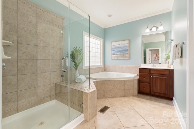 bathroom with vanity, crown molding, tile patterned floors, and shower with separate bathtub