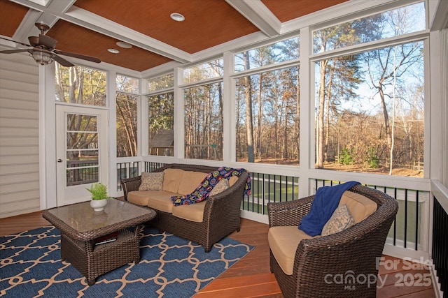 sunroom with coffered ceiling, beamed ceiling, plenty of natural light, and wood ceiling