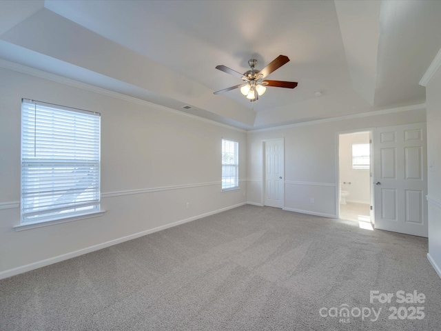 unfurnished room featuring ornamental molding, a raised ceiling, ceiling fan, and carpet