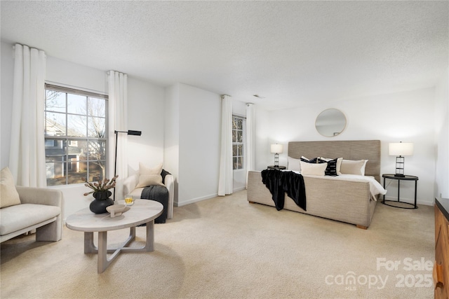 bedroom featuring a textured ceiling and light carpet