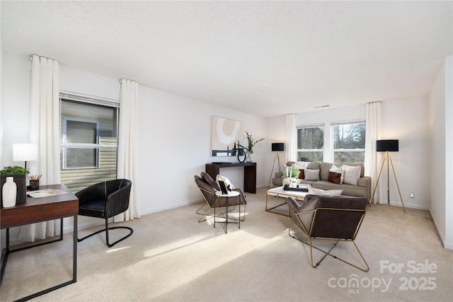 living room with light colored carpet