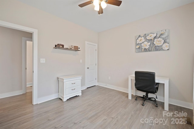 office space featuring light hardwood / wood-style flooring and ceiling fan