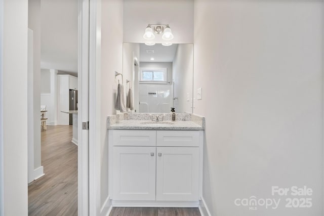 bathroom with vanity and wood-type flooring