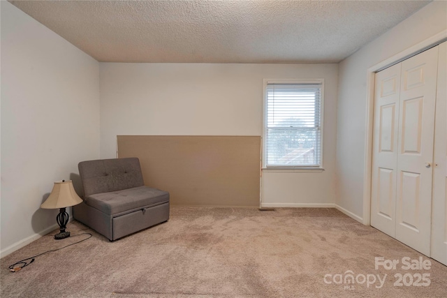 sitting room with carpet floors, baseboards, and a textured ceiling