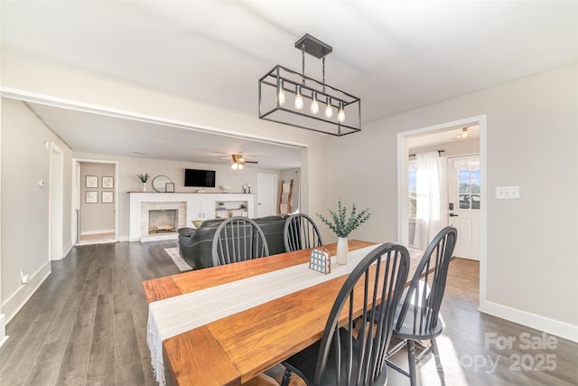 dining space with ceiling fan and dark wood-type flooring