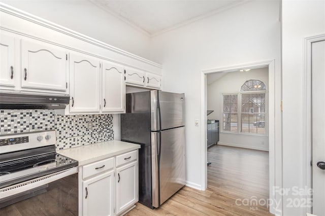 kitchen featuring backsplash, stainless steel appliances, ornamental molding, and white cabinets