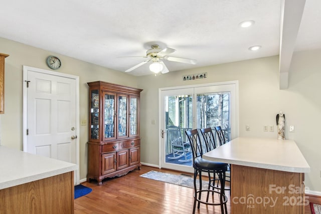 dining area with ceiling fan and hardwood / wood-style flooring