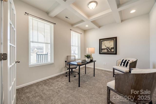 office space with coffered ceiling, carpet floors, and beamed ceiling