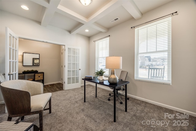 carpeted office with beam ceiling, french doors, and coffered ceiling