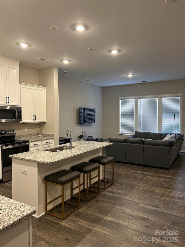 kitchen with a center island with sink, sink, white cabinetry, light stone countertops, and stainless steel appliances