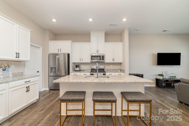 kitchen with a kitchen island with sink, light stone countertops, and appliances with stainless steel finishes