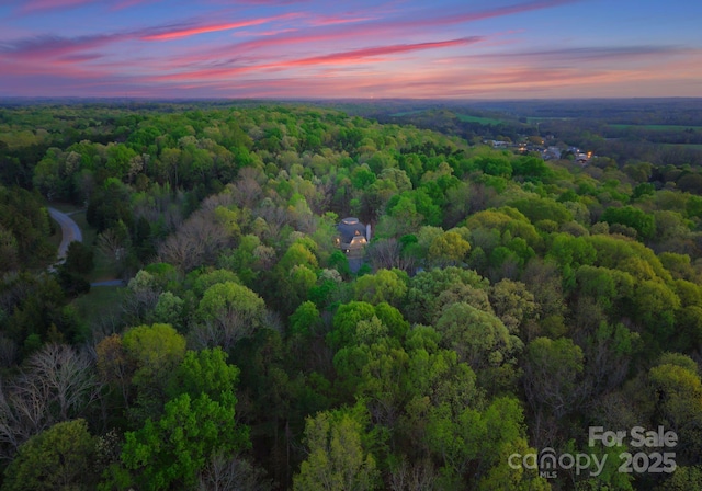 aerial view at dusk with a wooded view