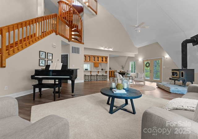 living room featuring visible vents, a wood stove, ceiling fan, and wood finished floors