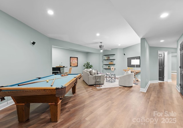 playroom with baseboards, billiards, recessed lighting, a ceiling fan, and wood finished floors