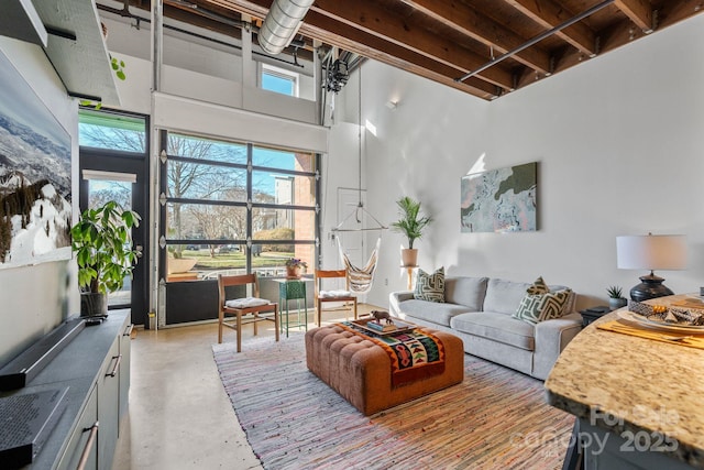 living room with a high ceiling and concrete floors