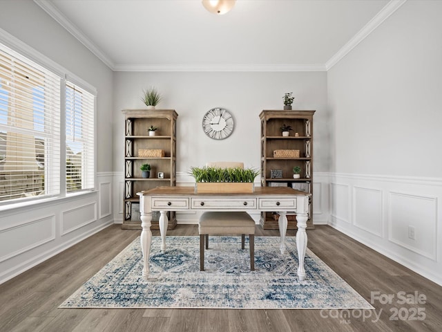 office area featuring ornamental molding and dark wood-type flooring