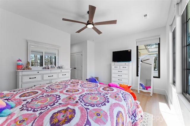 bedroom featuring ceiling fan and light hardwood / wood-style floors