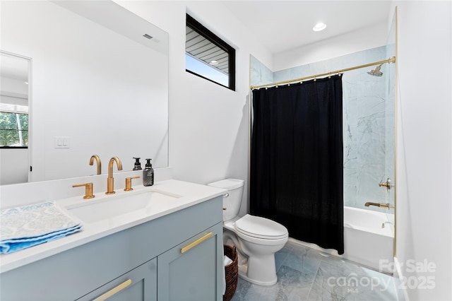 full bathroom with toilet, vanity, and shower / bathtub combination with curtain