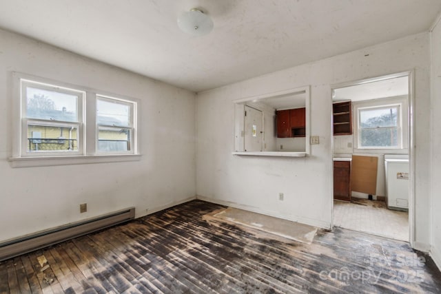 unfurnished room with dark hardwood / wood-style flooring and a baseboard radiator