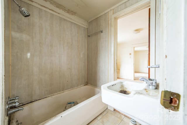 bathroom with tile patterned floors, crown molding, and bathtub / shower combination