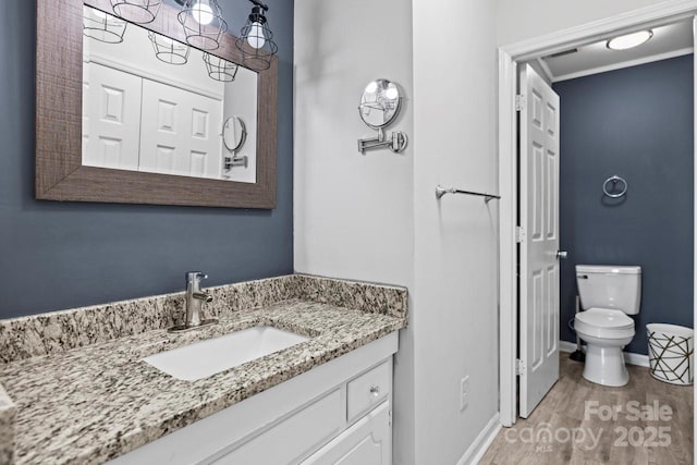 bathroom with vanity, wood-type flooring, and toilet