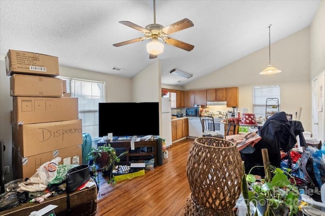 living room with a textured ceiling, ceiling fan, light hardwood / wood-style floors, and lofted ceiling