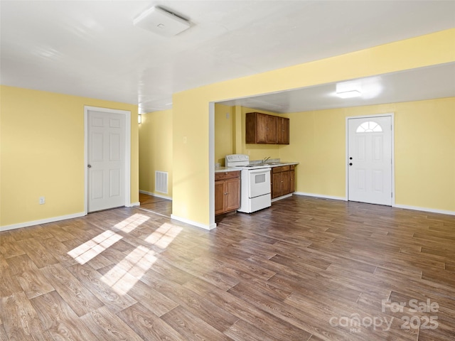 unfurnished living room featuring wood-type flooring and sink