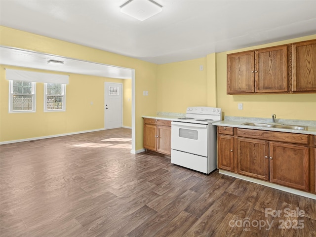 kitchen featuring sink, dark hardwood / wood-style floors, and white electric range