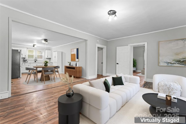 living room with sink, crown molding, and light hardwood / wood-style flooring