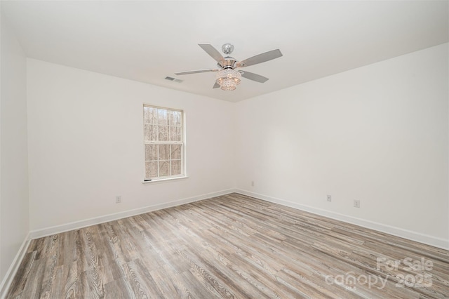 empty room featuring ceiling fan and light hardwood / wood-style floors