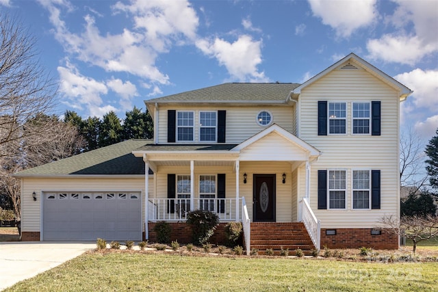 view of front facade with a garage, a front lawn, and a porch