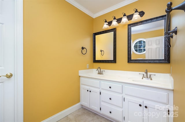 bathroom featuring tile patterned flooring, crown molding, and vanity