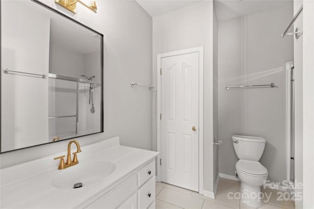 bathroom with tile patterned flooring, an enclosed shower, vanity, and toilet