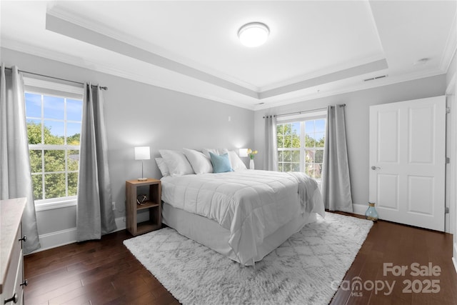 bedroom with dark hardwood / wood-style flooring, multiple windows, and a raised ceiling