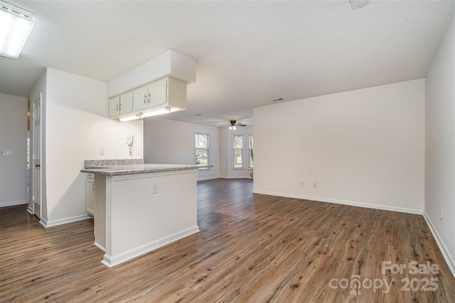 kitchen with white cabinetry, ceiling fan, hardwood / wood-style flooring, and kitchen peninsula