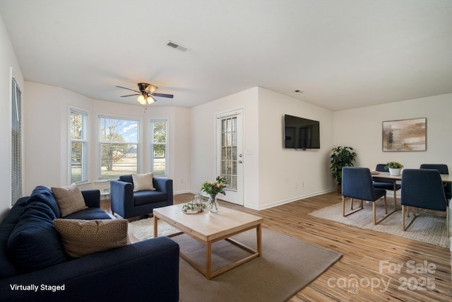 living area with a ceiling fan, wood finished floors, visible vents, and baseboards