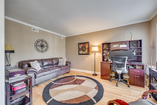 living room with crown molding and wood-type flooring