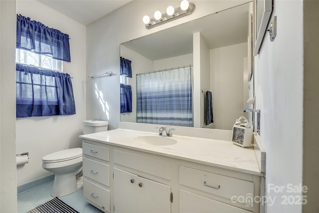 bathroom featuring vanity, tile patterned floors, toilet, and a shower with shower curtain