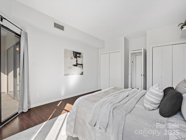 bedroom with dark wood-type flooring and multiple closets