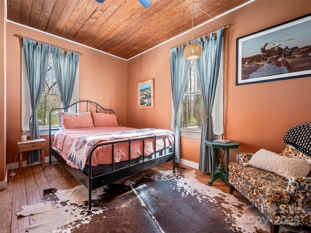 bedroom featuring hardwood / wood-style floors and wood ceiling