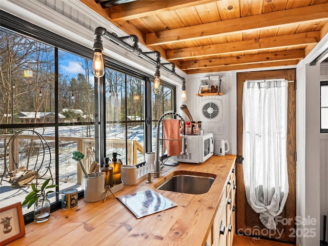 kitchen with butcher block counters, sink, wood-type flooring, wood ceiling, and beam ceiling