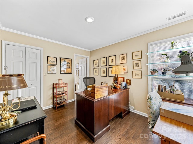 home office featuring dark wood-type flooring and ornamental molding